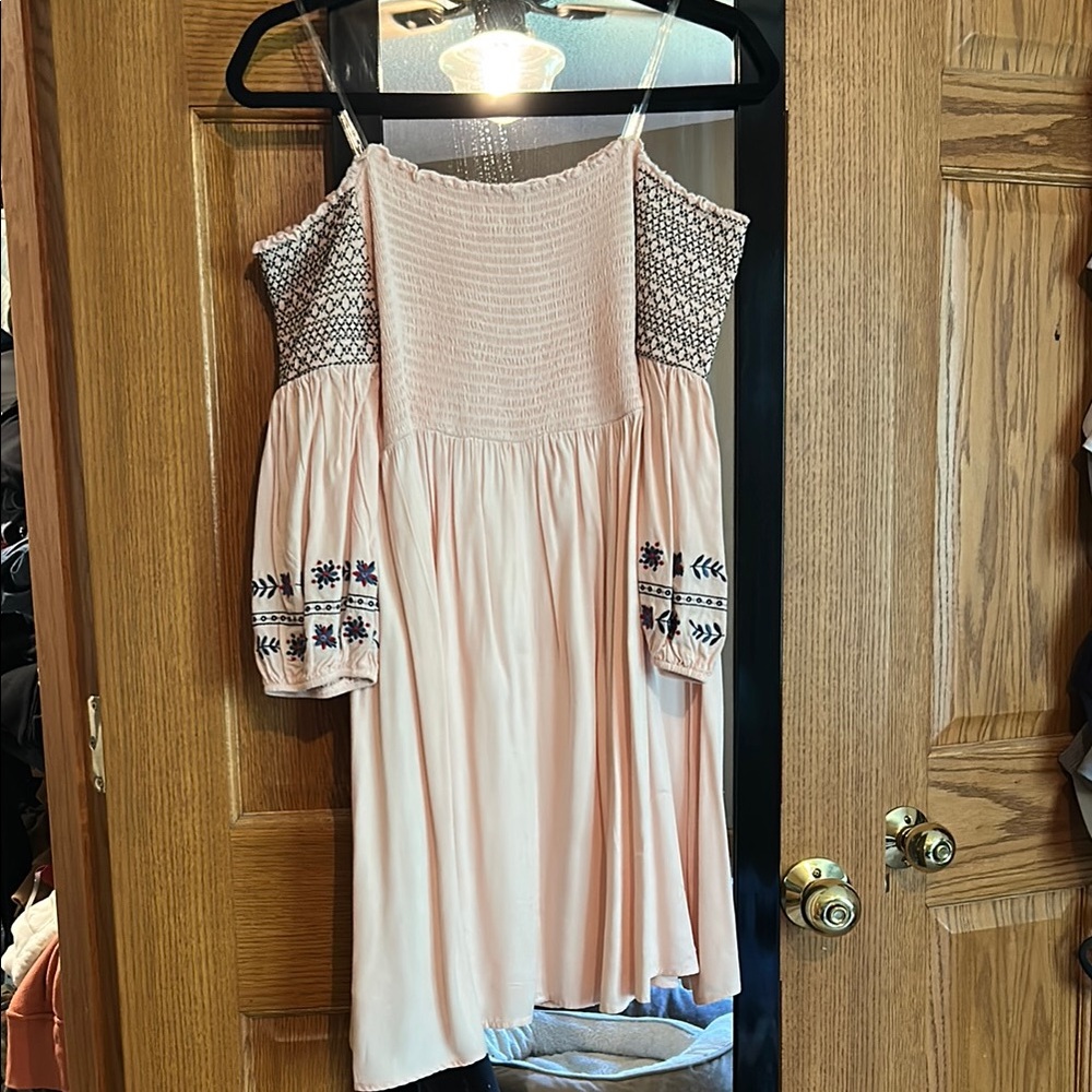 Boho Off-Shoulder Dress with Embroidered Sleeves